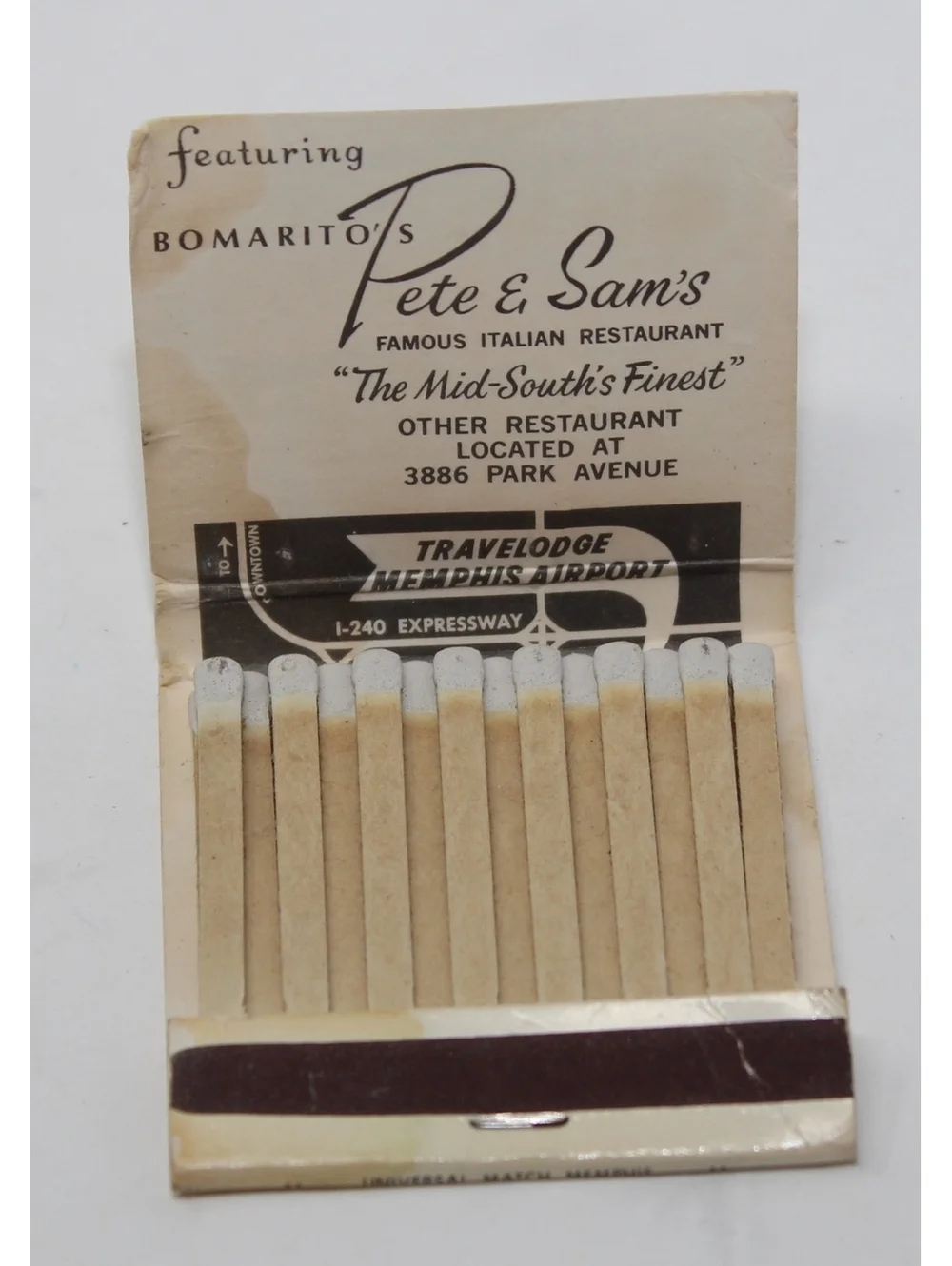 Vintage 60s Matchbook TraveLodge Memphis Airport Hotel Bomarito's Pete & Sam's
